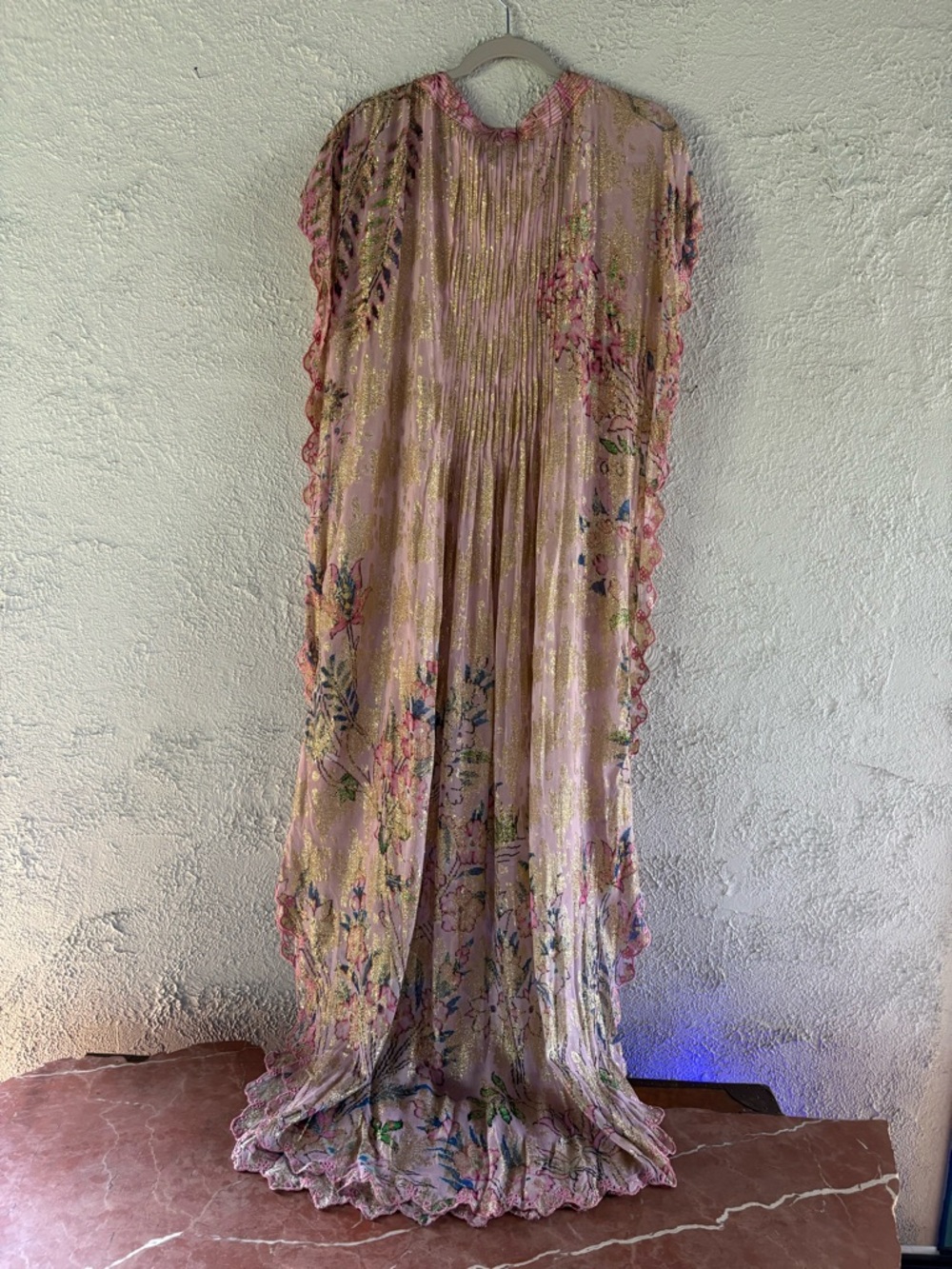 Hemant & Nandita Sheer Pink Floral Maxi Dress with Gold Accents - Picture 8 of 9